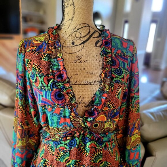 It's Bohemian Multicolor Long-Sleeve Deep V-Neck Ruffle Dress -US L - Picture 5 of 9